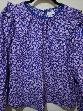 J. Crew Factory Blue Floral “Heritage Print”Long-Sleeve Blouse - Size L